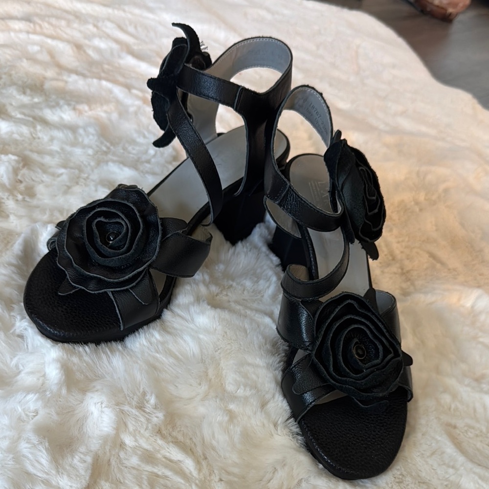 CLOSET CLEARANCE - Like New! Spring Step Black Heels with Floral Embellishments